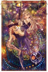  1girl armor art_nouveau blonde_hair blue_eyes braid character_name corset elbow_gloves flower full_body gloves highres lily_(flower) long_hair polearm ravness_loxaerion solo spear star tactics_ogre twin_braids wataame weapon 