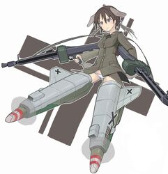  1girl animal_ears brown_eyes brown_hair dog_ears dog_tail gertrud_barkhorn gun hair_ribbon highres jacket kineshin123 military military_uniform panties ribbon solo strike_witches striker_unit tail twintails underwear uniform weapon white_panties 