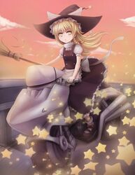  1girl abron blonde_hair bow braid hat highres kirisame_marisa long_hair motor_vehicle motorcycle outdoors sharkbro skirt solo star sunset touhou vehicle witch_hat yellow_eyes 