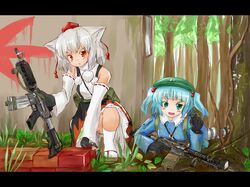  2girls animal_ears backpack bag blue_eyes blue_hair gun hair_bobbles hair_ornament hat highres icegray insect inubashiri_momiji kawashiro_nitori multiple_girls red_eyes rifle short_hair tokin_hat touhou tree weapon window 