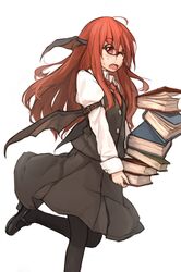  1girl ahoge arm_belt bespectacled black_legwear blush book book_stack demon_wings dress_shirt fang glasses head_wings highres koakuma long_hair long_sleeves multiple_wings necktie open_mouth pantyhose red_eyes redhead shirt simple_background solo touhou tripping vest white_background wings xiao_qiang_(overseas) 
