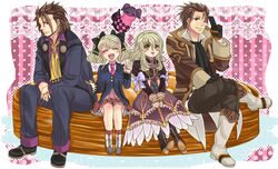  2boys 2girls alvin_(tales_of_xillia) beard blazer blonde_hair boots bow brown_eyes brown_hair closed_eyes cropped_jacket crossed_legs dress dual_persona elise_lutus facial_hair food formal frills green_eyes hair_bow jewelry multiple_boys multiple_girls necktie otsuki38 pants pendant pie pink_background ribbon school_uniform shoes short_hair sitting skirt smile suit symmetry tales_of_(series) tales_of_xillia tales_of_xillia_2 tipo_(xillia) twintails v wink 