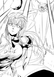  2girls braid danmaku dress flandre_scarlet flying hat hat_removed headwear_removed highres hong_meiling long_hair monochrome multiple_girls niwatazumi running short_hair sketch touhou twin_braids wings 