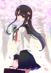  1girl bag black_hair cherry_blossoms coffee cup drinking flower long_hair petals pink school_bag school_uniform skirt solo straw violet_eyes 