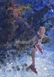  1girl :d blonde_hair darkness fang hair_ribbon highres mary_janes misawa_hiroshi open_mouth red_eyes ribbon rumia shoes short_hair smile solo touhou traditional_media watercolor_(medium) 