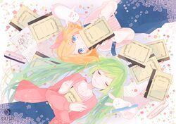  2girls blonde_hair blue_eyes closed_eyes crossed_arms gomi_chiri green_hair hatsune_miku kagamine_len kagamine_rin long_hair multiple_girls notebook pencil rabbit short_hair smile suspenders twintails very_long_hair vocaloid 
