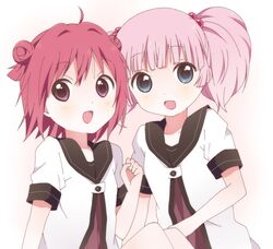  2girls :d ahoge akaza_akari blue_eyes double_bun hair_bobbles hair_bun hair_intakes hair_ornament kumakichi_(toshigat) looking_at_viewer multiple_girls open_mouth pink_hair redhead school_uniform serafuku smile twintails violet_eyes yoshikawa_chinatsu yuru_yuri 