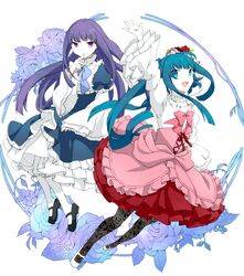  2girls blue_eyes blue_hair bow dress finger_to_mouth floral_print flower frederica_bernkastel furudo_erika hair_flower hair_ornament long_sleeves mary_janes multiple_girls open_mouth pantyhose rapizuri rose shoes smirk twintails umineko_no_naku_koro_ni violet_eyes waving white_legwear 