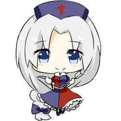  1girl blue_eyes hat katorinuko long_hair lowres ribbon silver_hair smile touhou yagokoro_eirin 