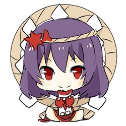  1girl katorinuko lowres purple_hair red_eyes short_hair smile touhou yasaka_kanako 