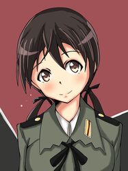  1girl aru_chi blush brown_eyes brown_hair gertrud_barkhorn hair_ribbon long_hair long_sleeves military military_uniform ribbon smile solo strike_witches twintails uniform 