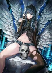  1girl angel_wings bare_shoulders blue_hair bracelet denim denim_shorts detached_sleeves green_eyes highres jewelry navel necklace original ran'ou_(tamago_no_kimi) shorts skull wings 