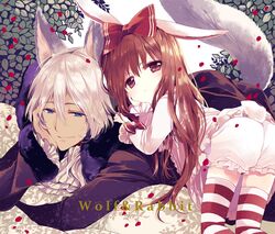  :< animal_ears blonde_hair blue_eyes bow brown_eyes brown_hair bunny_tail chin_rest dark_skin hair_bow long_hair lying on_stomach original petals rabbit_ears striped striped_legwear tail thigh-highs tibimimi wolf_ears wolf_tail zettai_ryouiki 