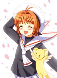  1girl brown_hair cardcaptor_sakura cherry_blossoms closed_eyes hat kero kinomoto_sakura ookawa_wataru petals school_uniform serafuku short_hair 