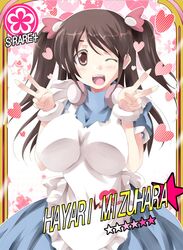  1girl apron blue_dress blush breasts brown_eyes brown_hair card double_v dress hair_ribbon headphones heart large_breasts mister_(black_and_white) mizuhara_hayari name_tag open_mouth ribbon saki smile solo star twintails v wink 