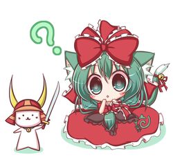  1girl ? animal_ears bow cat cat_ears cat_tail dress frills front_ponytail green_eyes green_hair hair_bow hair_ornament hair_ribbon kagiyama_hina lilywhite_lilyblack long_hair open_mouth ribbon samurai_hat sword tail touhou weapon 