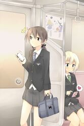  2girls bag blazer blonde_hair blue_eyes blush brown_eyes brown_hair cellphone erica_hartmann gertrud_barkhorn hair_ribbon hatsumi_nekuta heart long_hair multiple_girls necktie perrine_h_clostermann phone plaid plaid_skirt poster_(object) ribbon school_bag school_uniform short_hair skirt strike_witches train train_interior uniform 