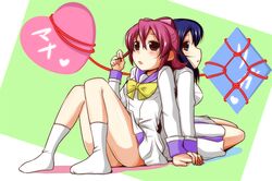  2girls aida_mana back-to-back blue_eyes blue_hair blush bow dokidoki!_precure heart hishikawa_rikka long_sleeves multiple_girls nishi_koutarou open_mouth precure purple_hair school_uniform sitting violet_eyes 