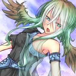  1girl breasts green_eyes green_hair head_wings long_hair open_mouth original shintani_tsushiya solo wings 