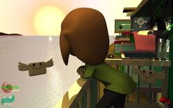  1girl 3d artist_request beach bent_over brown_hair envelope guardrail hat kaze_no_klonoa nikki_(swapnote) pac-man plant poke_ball potted_plant reflection solo standing sunset swapnote tagme water watermark wings 