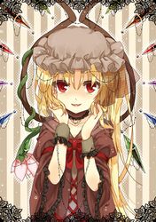  1girl alternate_costume blonde_hair choker dress flandre_scarlet flower hands_on_own_face irotani_asuka red_eyes smile solo touhou wings wrist_cuffs 