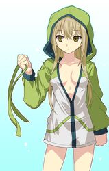  1girl breasts brown_eyes brown_hair cleavage hoodie ishikari_mina long_hair navel ribbon ring_dream shunin solo untied very_long_hair 