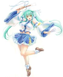  1girl alternate_hairstyle breasts detached_sleeves frog frog_hair_ornament gohei green_hair hair_ornament hair_ribbon hair_tubes highres kochiya_sanae long_hair midriff miniskirt ofuda open_mouth ore_p-1_gou ribbon skirt smile snake_hair_ornament solo touhou twintails yellow_eyes 