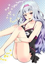  1girl barefoot breasts cleavage hairband idolmaster long_hair one-piece_swimsuit open_mouth shijou_takane smile solo swimsuit tak1780106 very_long_hair violet_eyes 