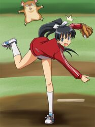  /\/\/\ baseball baseball_mitt black_hair blue_eyes blush fang ganaha_hibiki hamuzou idolmaster kneehighs lielos long_ponytail motion_blur o_o pitcher's_mound pitching shoes sneakers sweatdrop throwing 