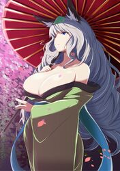  1girl animal_ears bare_shoulders blue_eyes breasts cherry_blossoms collarbone curly_hair fox_ears highres huge_breasts japanese_clothes kichi8 kimono leaf leaf_on_head long_hair oboro_muramasa off_shoulder oriental_umbrella silver_hair solo umbrella very_long_hair yuzuruha 