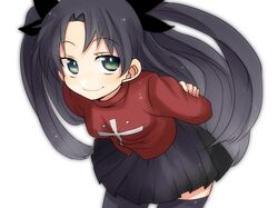  1girl black_hair blue_eyes fate/stay_night fate_(series) green_eyes hair_ribbon long_hair piyotya ribbon solo thigh-highs toosaka_rin turtleneck two_side_up zettai_ryouiki 