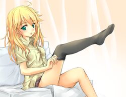 1girl ahoge blonde_hair blush green_eyes hoshii_miki idolmaster long_hair solo thighhighs