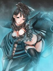  1girl armor black_eyes black_hair breast_hold breasts cleavage dendoumushi gauntlets hat leaning_forward lips midriff navel original solo thigh-highs vehicle 