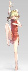  1girl arm_up barefoot benitama blonde_hair bun_cover china_dress chinese_clothes double_bun leg_up moriya_suwako rough short_hair sleeveless solo touhou 