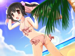  1girl ass beach bikini black_hair brown_eyes butt_crack dutch_angle highres lens_flare minami_(colorful_palette) photokano sakura_mai_(photokano) short_hair swimsuit towel twintails 