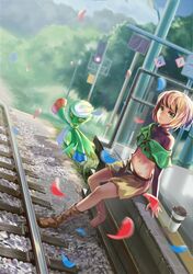 1girl absurdres boots brown_hair green_eyes gym_leader highres light_smile looking_at_viewer midriff natane_(pokemon) payot petals pokemon pokemon_(game) pokemon_dppt railroad_tracks roserade short_hair shorts xiamianliele 