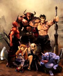  2girls 4boys axe black_hair blonde_hair blue_skin brown_hair demon gourd highres horn horns hoshiguma_yuugi ibuki_suika long_hair multiple_boys multiple_girls muscle pointy_ears red_eyes red_skin ryokamiryo sakazuki sword tattoo touhou weapon 