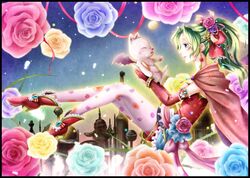  1girl belt blue_eyes blue_rose bow bridal_gauntlets cape earrings final_fantasy final_fantasy_vi flower frills green_hair hair_bow hair_flower hair_ornament jewelry moogle pantyhose pink_legwear pink_rose ponytail purple_rose rose shoes short_hair skirt smile tina_branford yellow_rose yusoson 