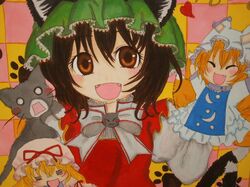  1girl =_= ^_^ animal_ears blonde_hair brooch brown_eyes brown_hair bust cat cat_ears cat_tail checkered checkered_background chen closed_eyes eyelashes fangs hand_puppet hat hat_ribbon hat_with_ears heart high_collar highres jewelry juliet_sleeves long_sleeves lookiing_at_viewer marker_(medium) mob_cap multiple_tails o_o open_mouth paw_print puffy_sleeves puppet ribbon rokokumya short_hair solo tabard tail touhou traditional_media vest yakumo_ran yakumo_yukari 