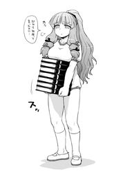  1girl alternate_costume alternate_hairstyle book breasts hair_ribbon highres itou_yuuji large_breasts long_hair monochrome patchouli_knowledge ponytail ribbon simple_background solo touhou translation_request white_background 