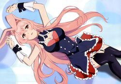  1girl absurdres animal_ears artist_request black_legwear breasts cleavage garter_straps highres kurousagi_(mondaiji) mondaiji-tachi_ga_isekai_kara_kuru_sou_desu_yo? pink_eyes pink_hair rabbit_ears skirt solo source_request tagme tears thigh-highs 