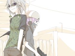  2girls back-to-back bandana blue_eyes blue_hair braid casual covering_mouth gun hands_in_pockets izayoi_sakuya multiple_girls red_eyes remilia_scarlet short_hair silver_hair sunglasses touhou twin_braids weapon 