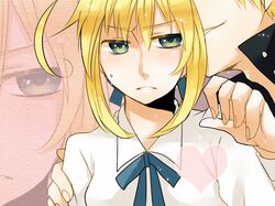  1boy 1girl blonde_hair blush fate/stay_night fate_(series) gilgamesh green_eyes piyotya red_eyes saber zoom_layer 