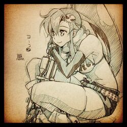 1girl anti-materiel_rifle belt bikini_top gun hair_ornament navel nonosaki ponytail rifle scarf short_shorts shorts sketch skull_hair_ornament smile sniper_rifle solo tengen_toppa_gurren_lagann thigh-highs weapon yoko_littner 