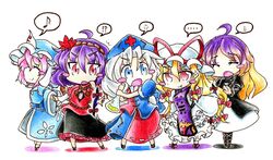  5girls blonde_hair blue_hair flask gap goku_(acoloredpencil) gradient_hair hat highres hijiri_byakuren leaf long_hair multicolored_hair multiple_girls pink_hair ribbon saigyouji_yuyuko silver_hair tagme touhou veil yagokoro_eirin yakumo_yukari yasaka_kanako 