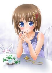  1girl bare_shoulders blue_eyes blush brown_hair chair hair_ornament jewelry lyrical_nanoha mahou_shoujo_lyrical_nanoha mahou_shoujo_lyrical_nanoha_a's necklace plant schwertkreuz shinozuki_takumi short_hair sitting smile solo stuffed_animal stuffed_bunny stuffed_toy yagami_hayate 