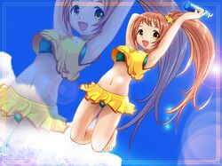  1girl bikini blackjunk bottle brown_hair highres idolmaster idolmaster_cinderella_girls jumping lens_flare long_hair ponytail swimsuit swimsuit_under_clothes wakabayashi_tomoka yellow_eyes zoom_layer 