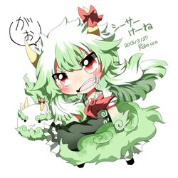  1girl :3 blush chibi dress ex-keine fang green_dress green_hair horn_ribbon horns kamishirasawa_keine neckerchief rebecca_(keinelove) red_eyes ribbon solo sukusuku_hakutaku touhou 