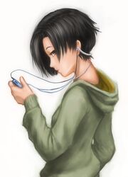  1girl black_hair bob_cut brown_eyes ceramic_man digital_media_player headphones highres hoodie kobayakawa_rinko love_plus profile short_hair simple_background solo 