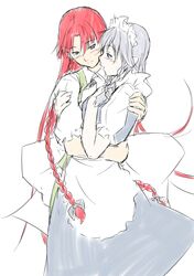  2girls blue_eyes blush braid hand_on_own_chest highres hong_meiling hug hug_from_behind izayoi_sakuya long_hair maid maid_headdress multiple_girls niwatazumi redhead silver_hair touhou twin_braids very_long_hair yuri 